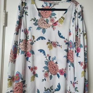 LOFT White Floral V-Neck Blouse with Pink & Blue Flowers